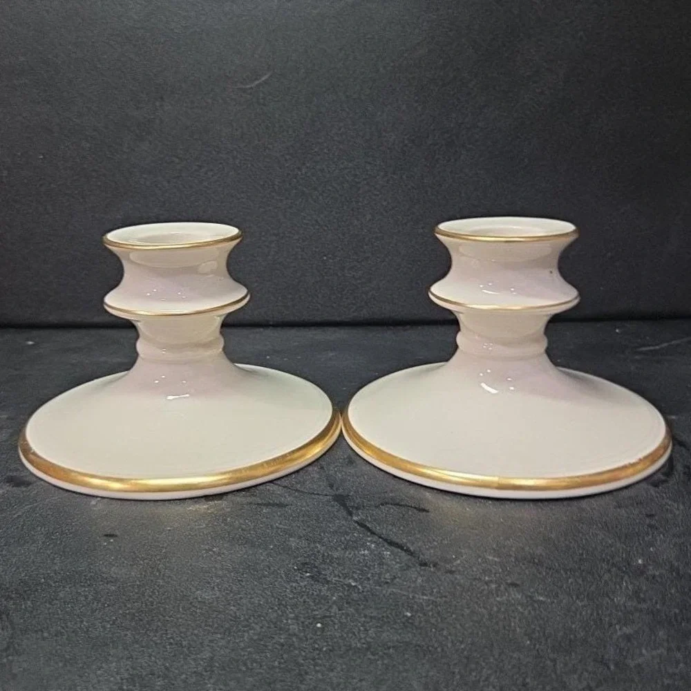 Pickard China‎ Porcelain Candle Holders, Set of 2, Vintage Gold Trim Accents